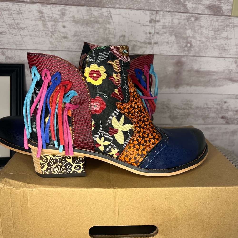 Womens Floral Tassels Chinese Leather Ankle Boots Bohemian Ethnic Cowboy Leisure